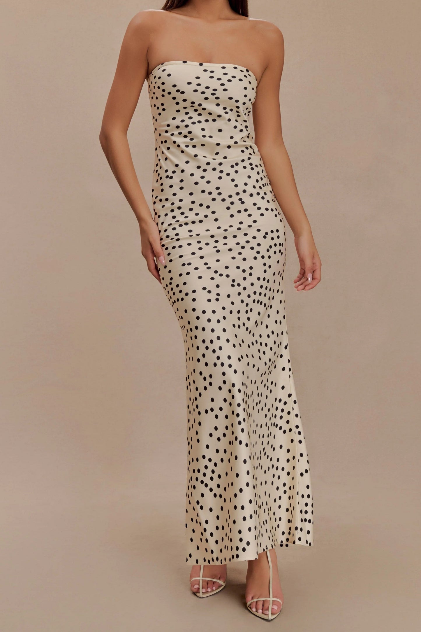 Strapless Satin Maxi Dress - Polka Dot Print