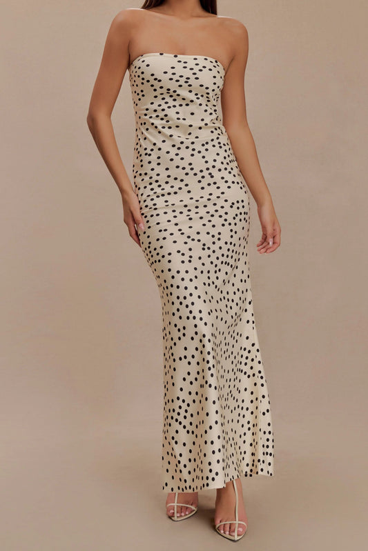 Strapless Satin Maxi Dress - Polka Dot Print