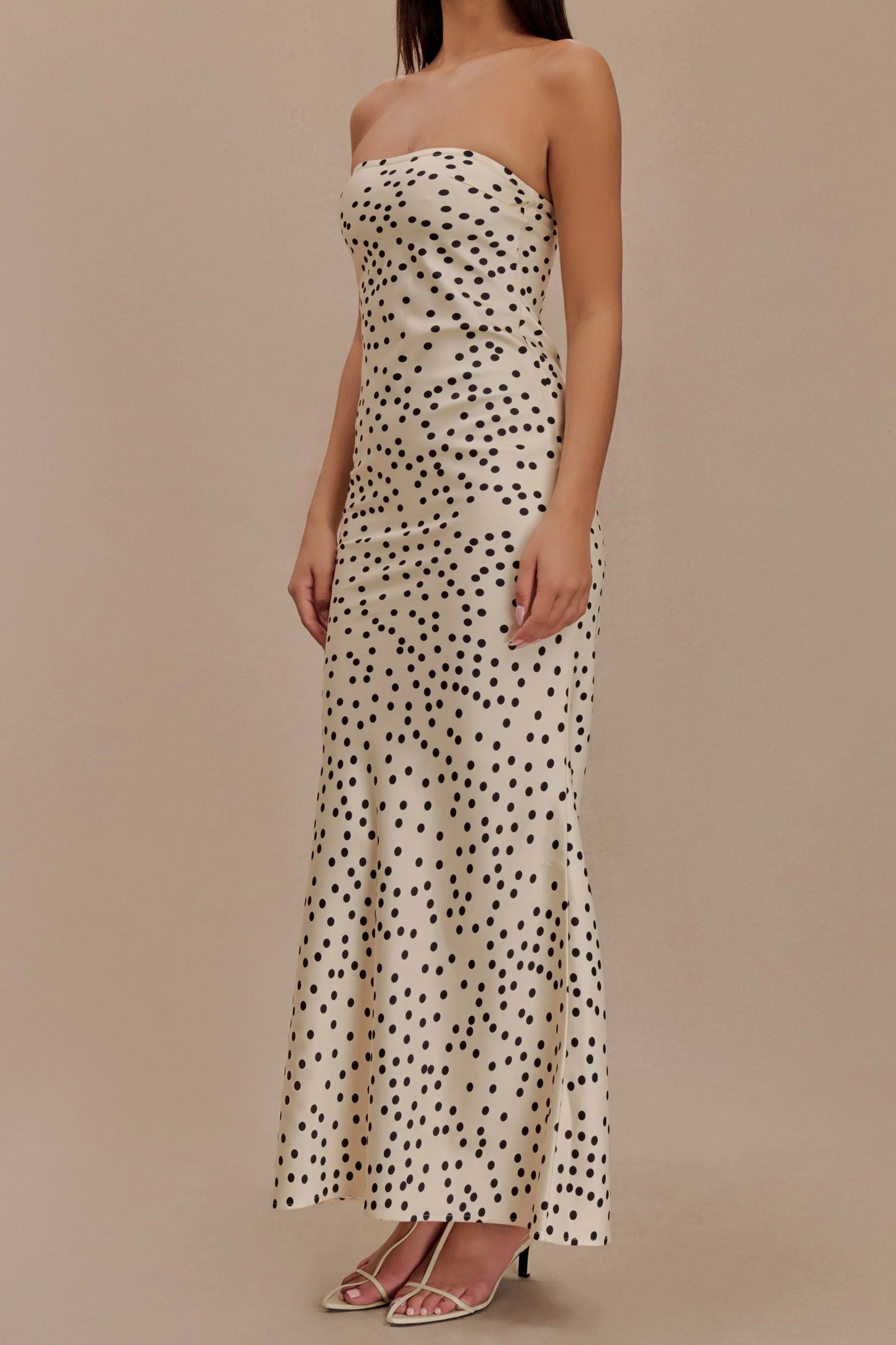 Strapless Satin Maxi Dress - Polka Dot Print