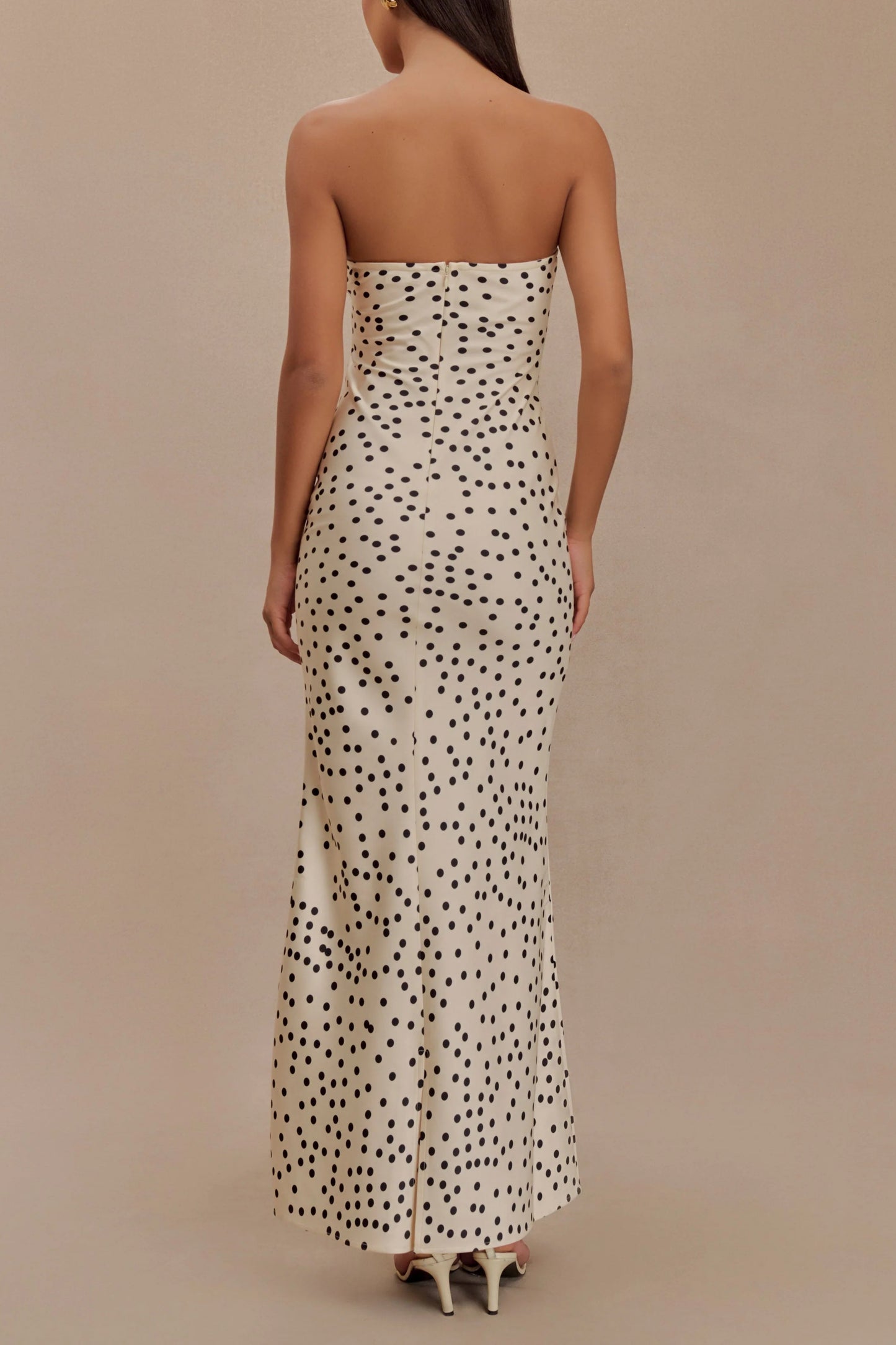 Strapless Satin Maxi Dress - Polka Dot Print