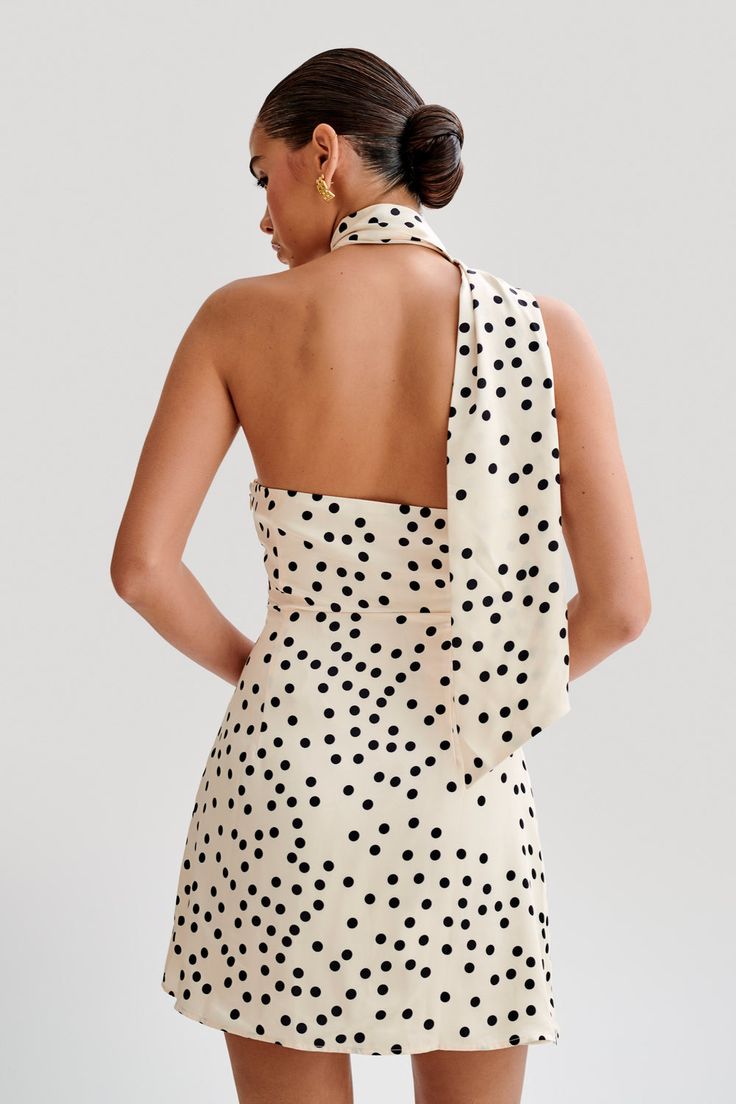 Satin Asymmetrical Mini Dress - White Polka Dot Print