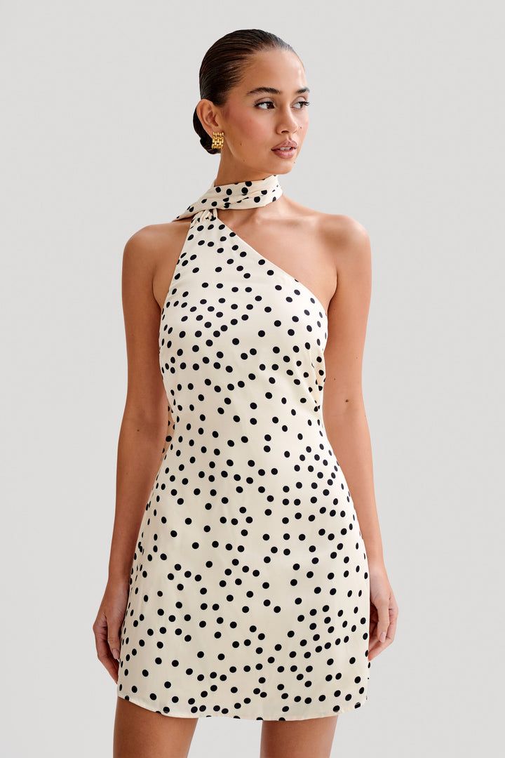 Satin Asymmetrical Mini Dress - White Polka Dot Print